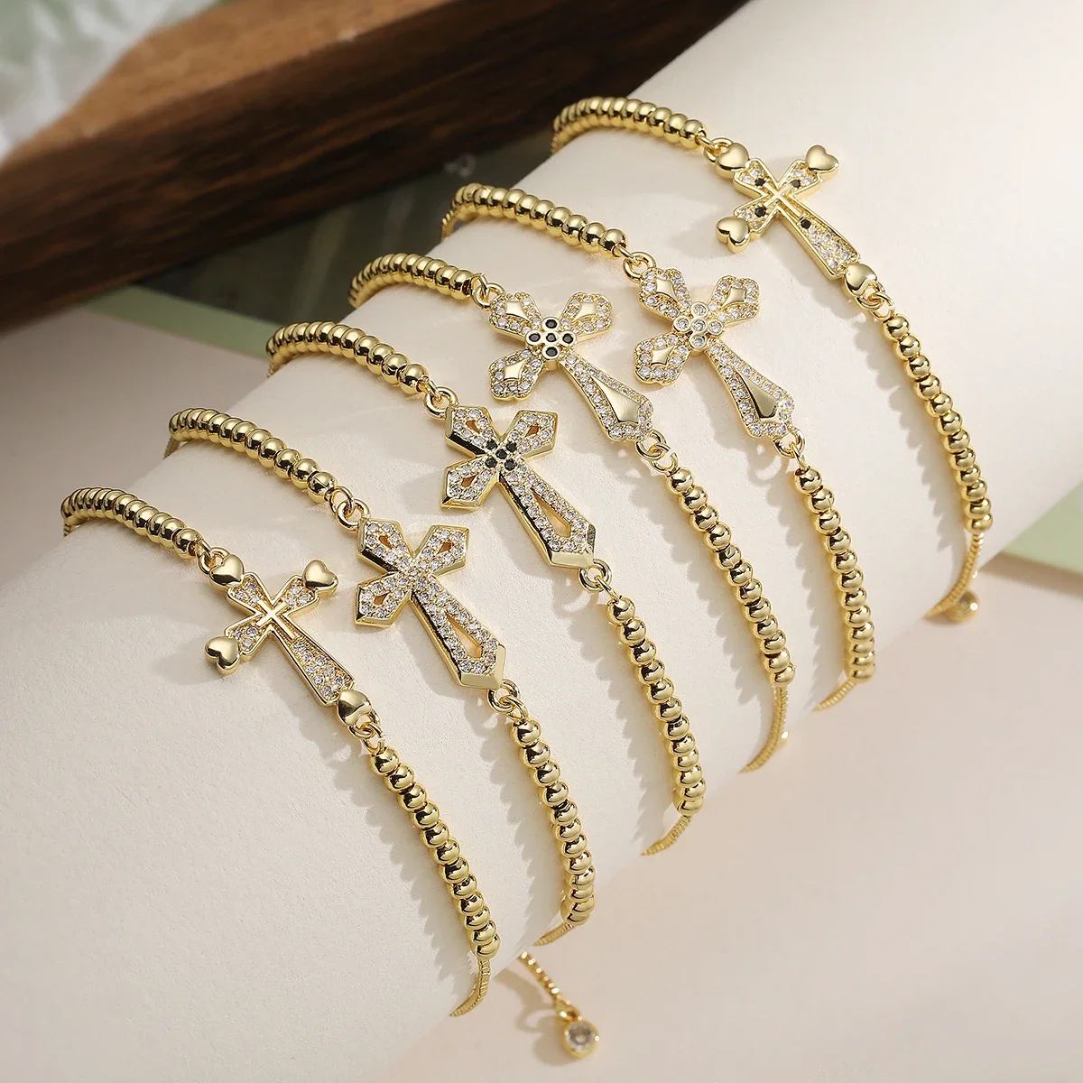 NEWBUY Top-selling Style Gold Color Box Chain Cross Bracelets For Women AAA CZ Inlay Copper Jewelry