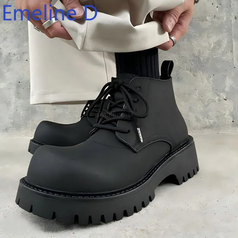 Black Big Toe Derby Shoes Unisex Thick Soled Lace Up British Style Height Increasing Boots Thick Fleece Versatile Short Boots