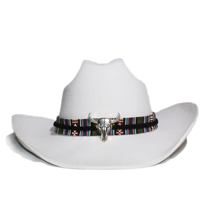 Retro Ethnic Style Cow Head Leather Belt  Band  Autumn Winter Warm Women Men Felt  Yellowstone Cap Cowboy Hat 56-59cm Adjust