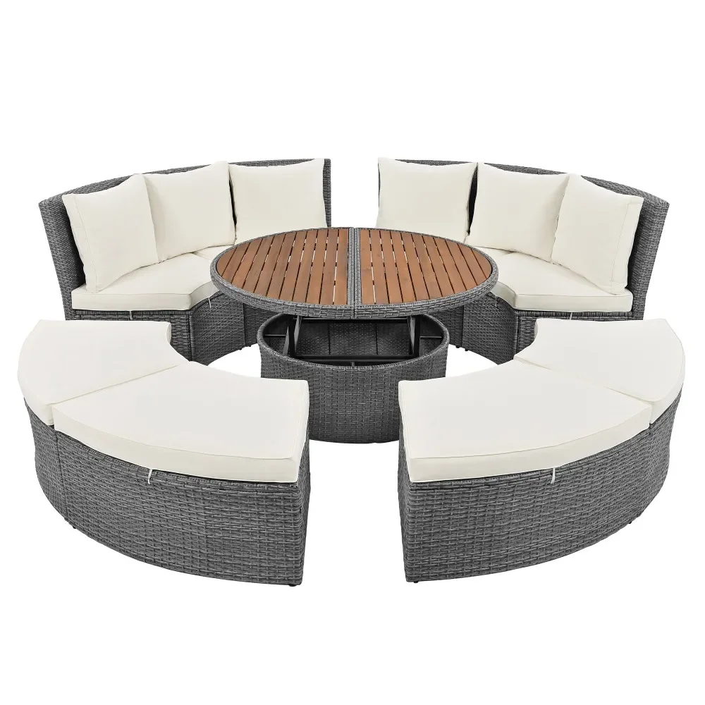 Terrace 5-piece round rattan sofa set wicker sunbed sofa bed with round lifting table and washable mat Garden Furniture Sets