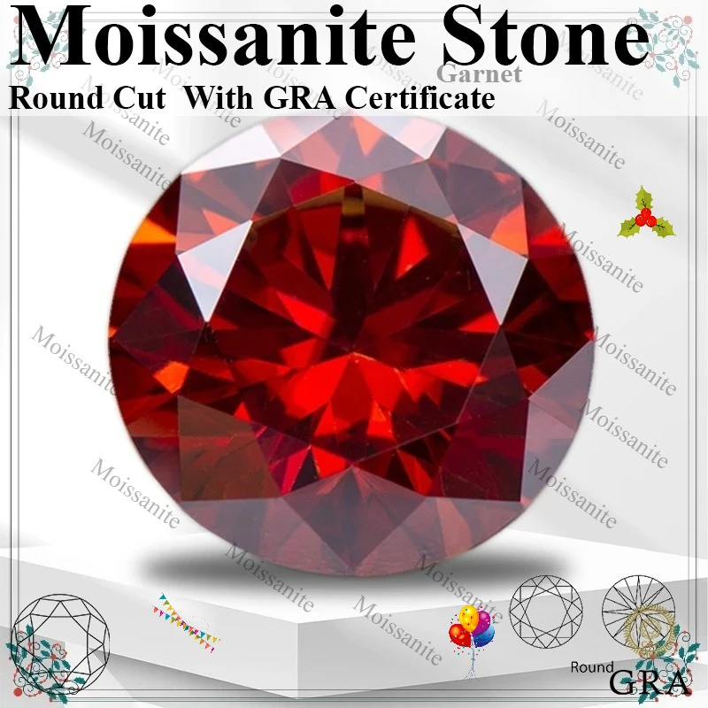 Moissanite Stone Round Cut Garnet Color VVS1 Clarity Synthetic Loose Gemstone For Jewelry Making