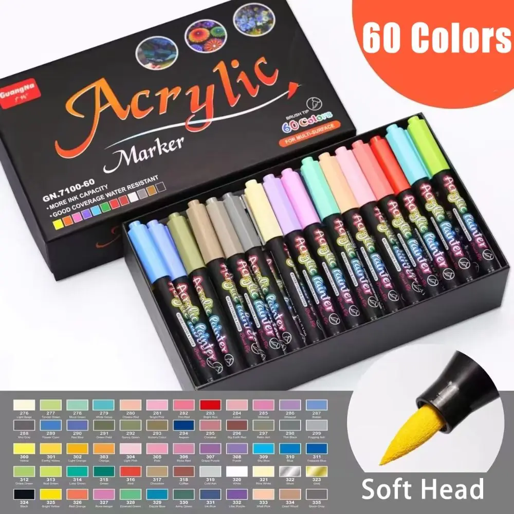 60 Colors Soft Head Acrylic Paint Pen DIY Graffiti Waterproof Painting Pen Water-based Permanent Marker