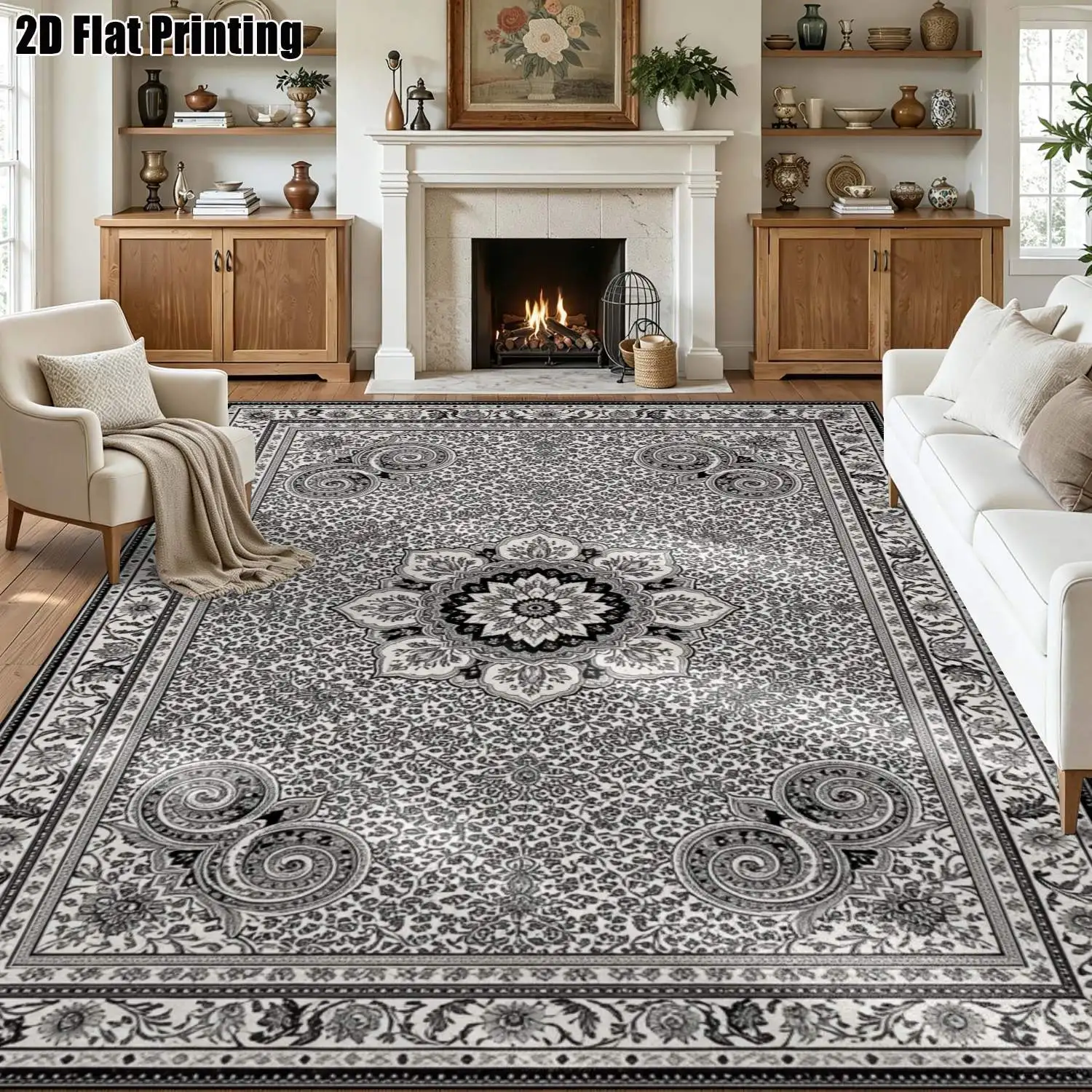 1Pc 2D Printed Black White Floral & Geometric Vintage European Carpets, Machine Washable, Multi-Size, Ideal for Home Decor, Entrance/Dining Room/Foyer/Bedroom/Living Room