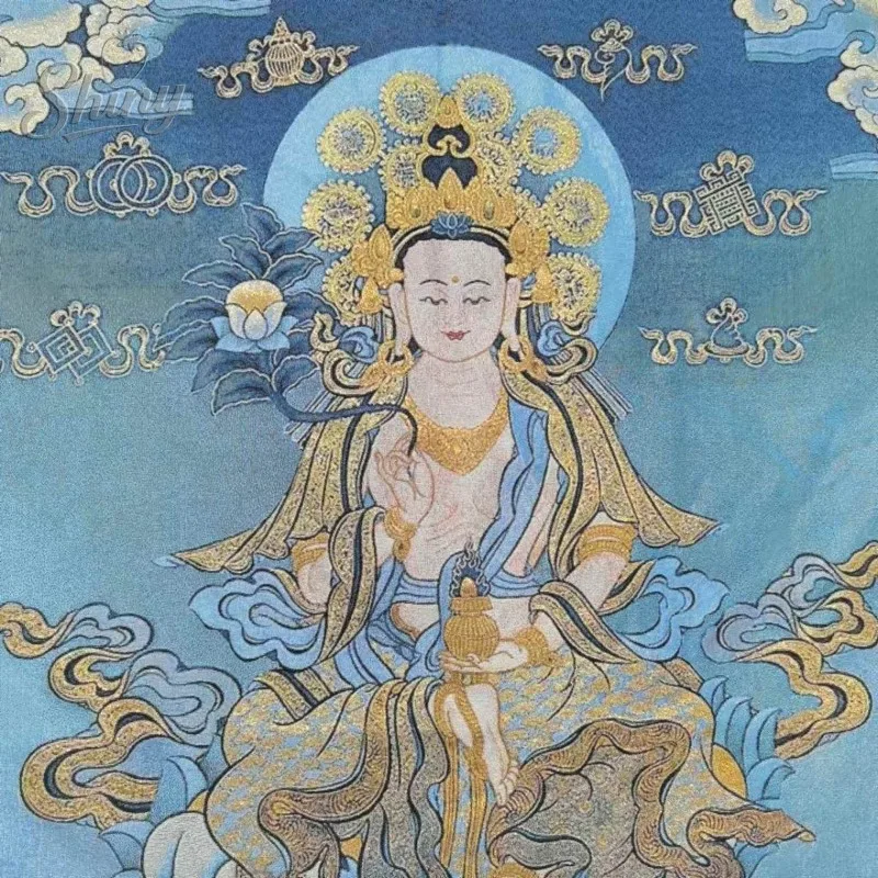 35.4″ Statue of Bodhisattva Samantabhadra Brocade Tibetan Tangka Embroidery Painting Gold Thread