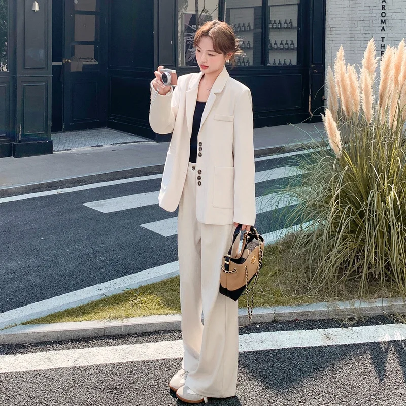 

Осень 2024, новый повседневный однобортный костюм Jackrt + широкие брюки, комплект из двух предметов, женский модный однотонный комплект для поездок на работу