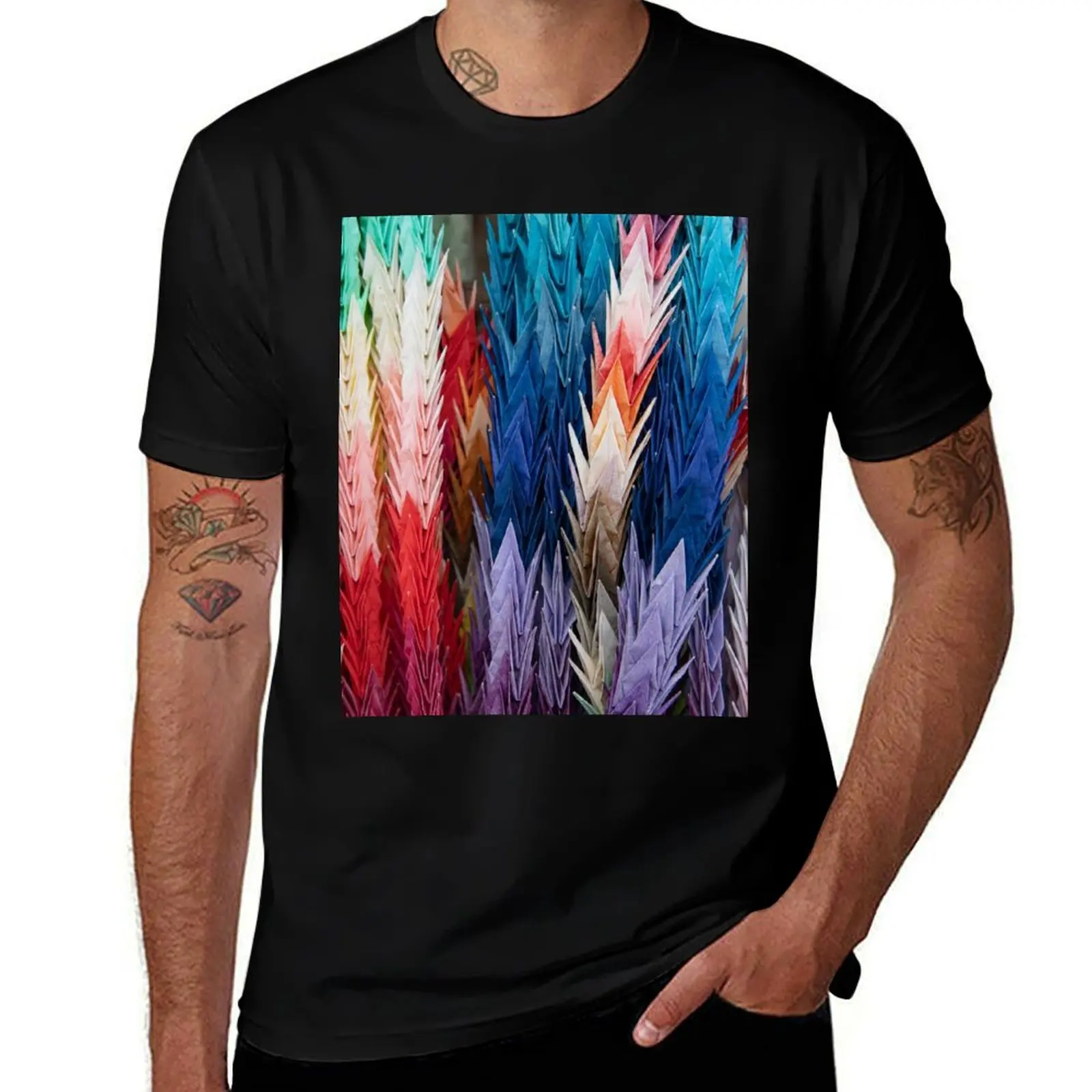 

Japanese Origami Colorful Paper Cranes T-Shirt Christmas Casual Tee Shirt
