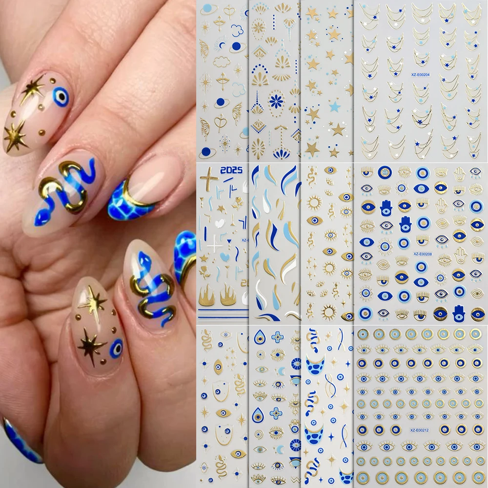 Autocollants pour ongles mauvais yeux bleu or, 1 pièce, 3D, serpent en métal, soleil, étoile, curseur de ligne, Design Halloween, décalcomanies pour décoration de manucure