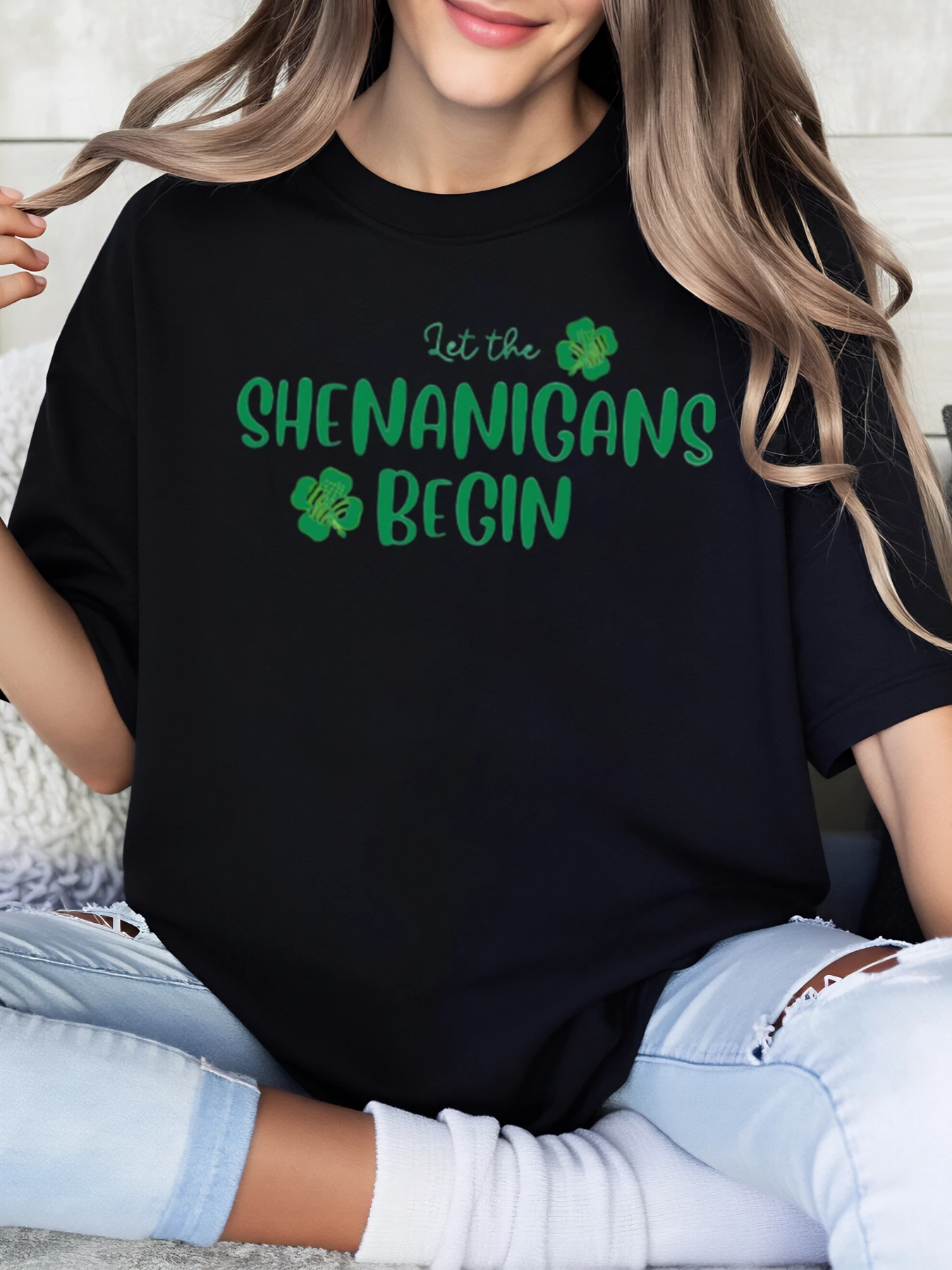 Let the Shenanigans Begin Shamrock Print St. Patrick's Day T-Shirt Women's Casual Wear Party Outfit Black Plus-Size