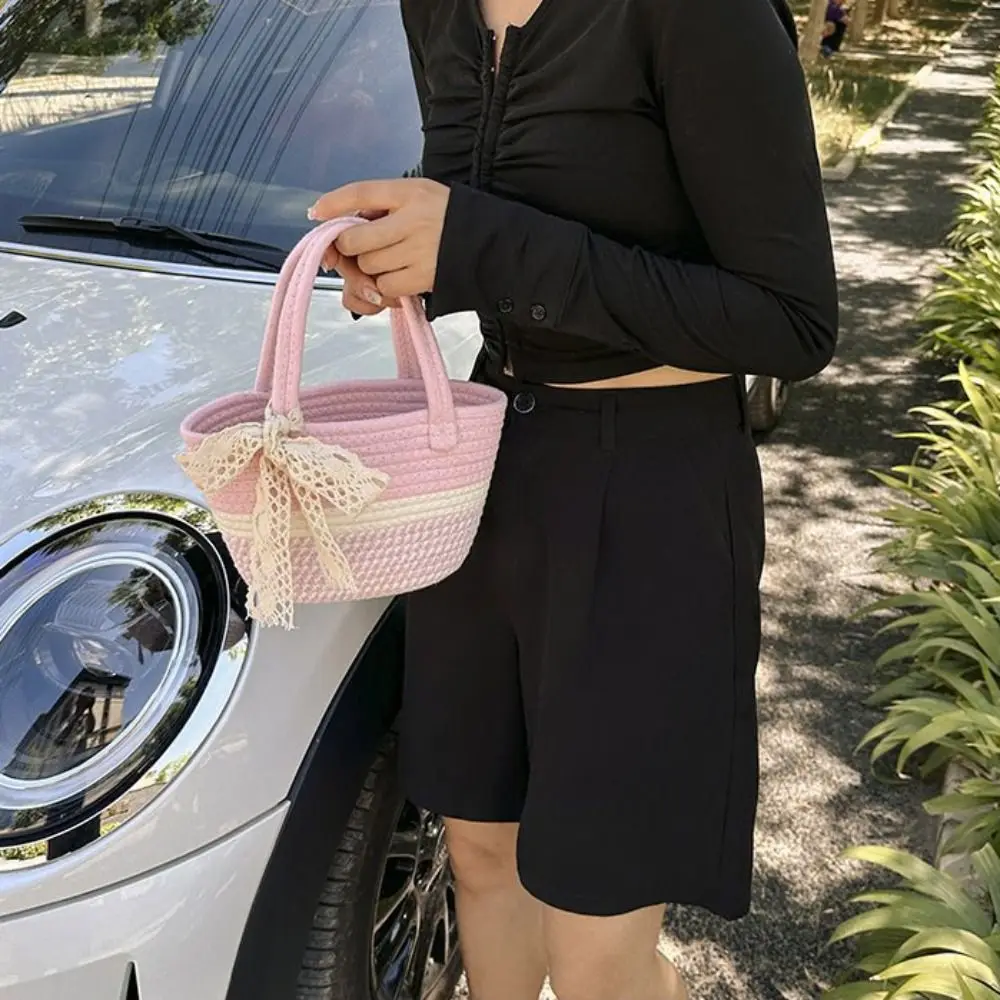 

Fashion Lace Bow Bowknot Tote Bag Stripe Cotton Rope Weave Woven Wrist Bag Mommy Bag Korean Style Flower Bucket Handbag Picnic
