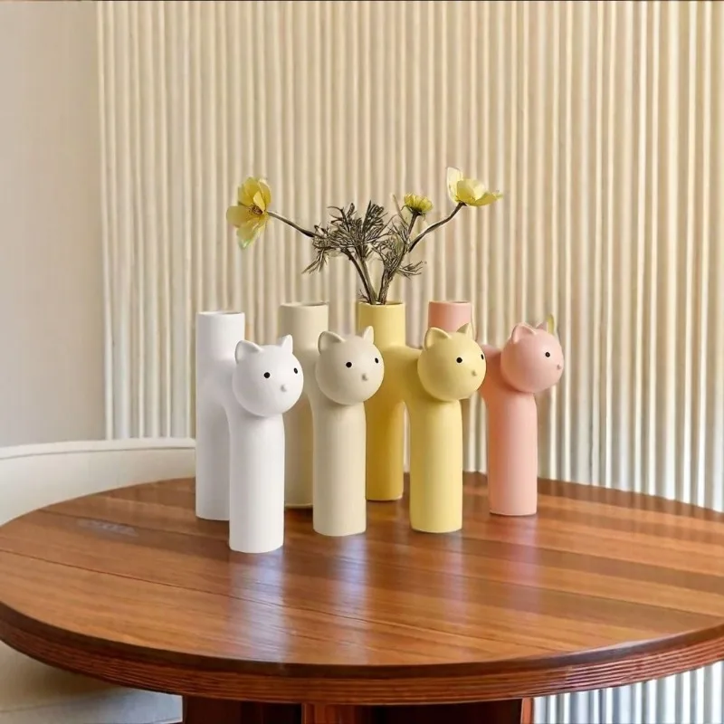 Creative Cat Shaped Vase Cute Flower Arrangement Hydroponics Accessories Desktop Craft Decoration Animal Flowerpot Home Ornament