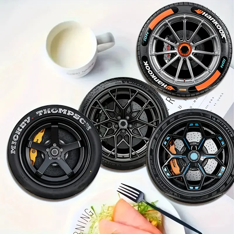 6 Pieces/Set of Wooden Anti-Slip Coasters with Tire Patterns, Suitable for Anti-Slip Coasters in Bars and Cafes