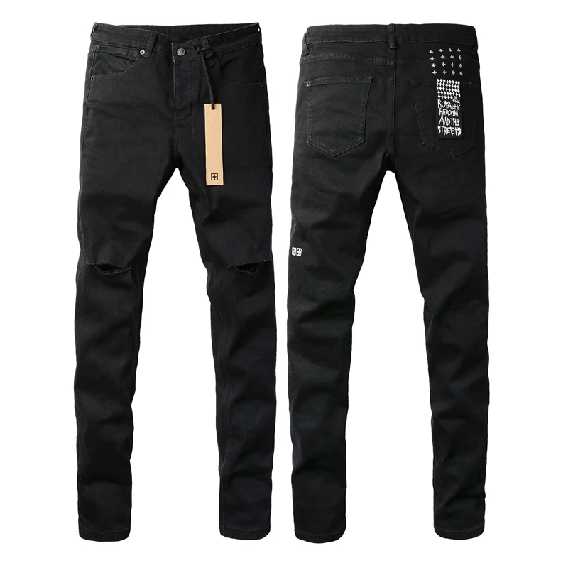 American High Street Men KSUBI Cross Jeans Classic Black Knee Ripped Denim Straight Leg Pants Everyday Casual Pencil Trousers