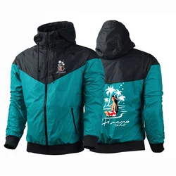 2024 New Spring Autumn Men's Hinano Tahiti Beer Logo Print Fashion Harajuku Solid Color Patchwork Mesh Lining Zip Hooded Jacket