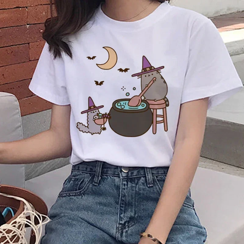 Camisetas Kawaii de gato Pusheen para mujer, remera Harajuku Ullzang, playera con estampado de dibujos animados de los