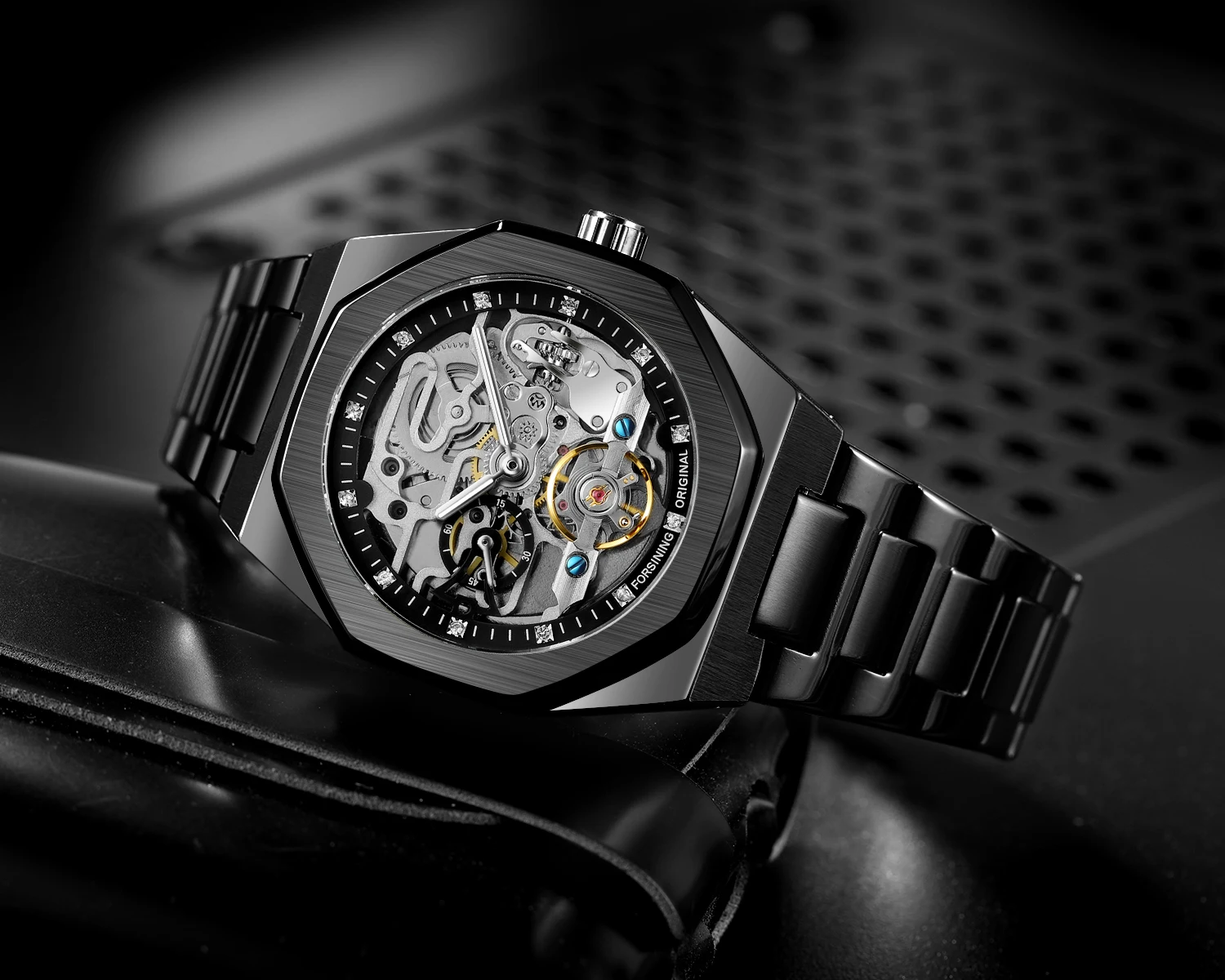 FORSINING Trendy Skeleton Automatic Mechanical Watch Polygon Men Watch Rhinestone Stainless Steel Formal Business Man Wristwatch