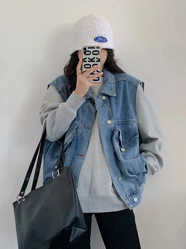 

Blue Loose Workwear Denim Jacket Women'S Korean Retro College Style Unisex Versatile Jacket Top