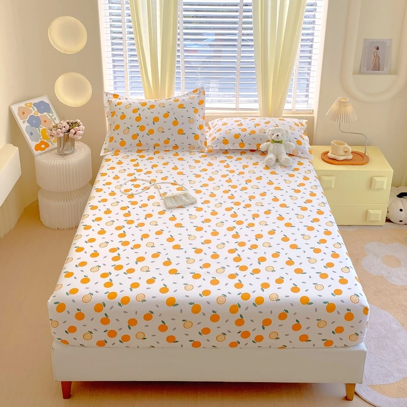 Orange Fruit Print Fitted Sheet with Elastic Band with 2pcs Pillowcases Double Queen Size Mattress Cover for Girls Boys Adults