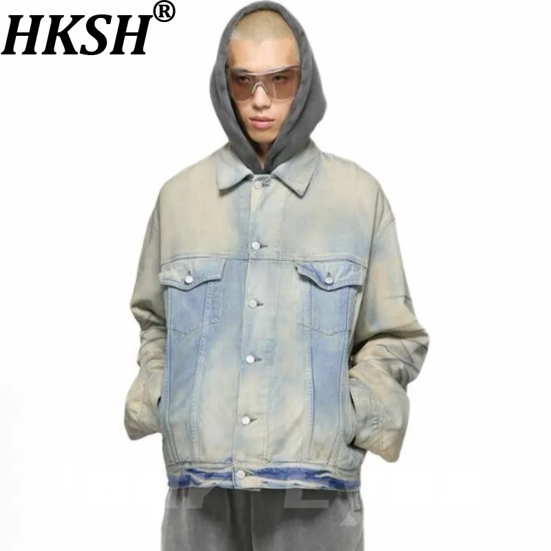 

HKSH Spring Autumn New Men Punk Dirty Distressed Washed Graffiti Ripped Loose Fit Denim Jacket Retro Chic Ins Coat Women HK14327