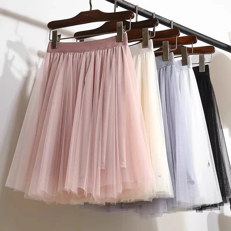 Summer Pink Gauze Skirt Women Elastic High Waist Short A-line Skirts Female 2025 Solid Fluffy Casual Women's Mini Skirt Korean