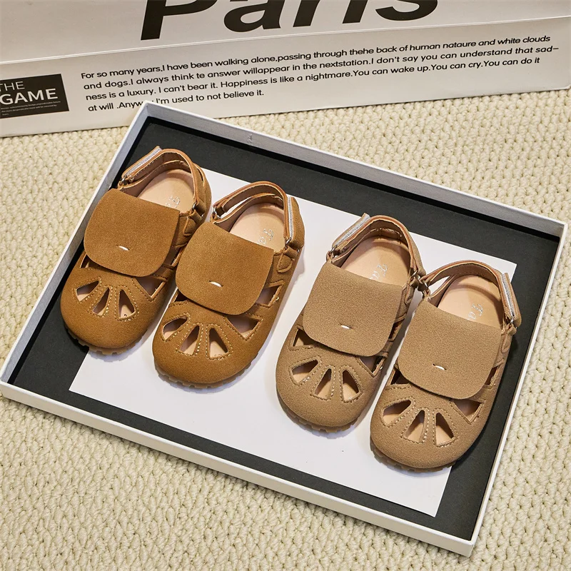 Kids Suede Leather Sandals for Boys Girls 2025 Summer Non-slip Toddler Beach Shoes Retro Comfort First Walker Barefoot Sandals