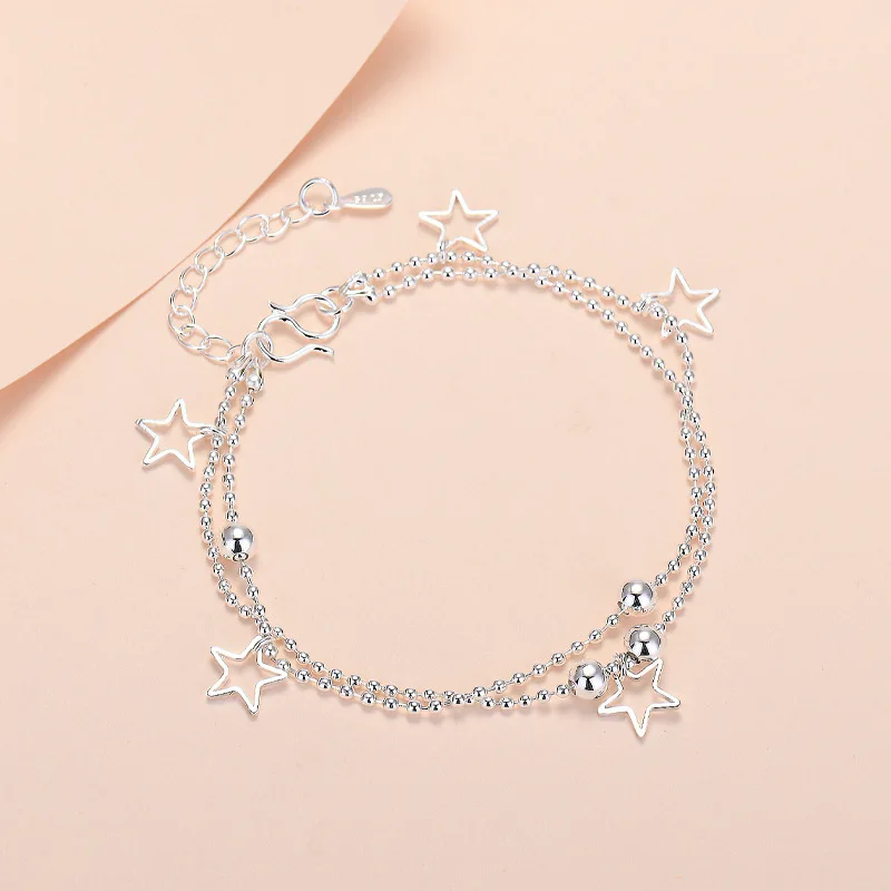 925 Sterling Silver New Double-Layer Beaded Bracelet, Pentagonal Star Ankle Chain, Personalized And Simple Student Jewelry Gift