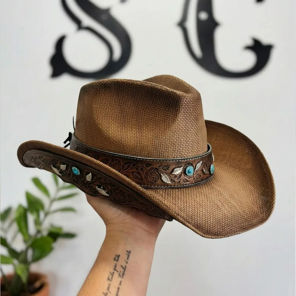 Vintage Brown Straw Western Cowboy Hat with Carved Leather Band Turquoise Silver Leaf Accents Wide Roll-up Brim Cowgirl Sun Hats
