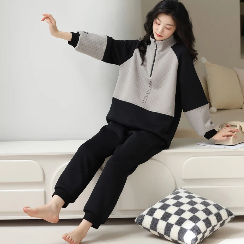 Autumn and winter three-layer thin cotton black patchwork gray sports style women's pajamas fashion casual home clothing M-XXL