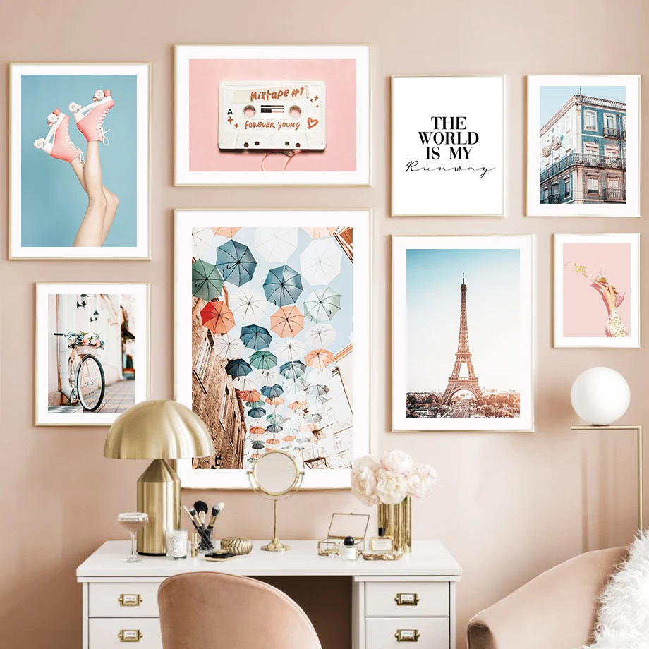 Paris Tower Umbrella Balloon Skating Shoes Wall Art Canvas Painting Posters and Prints Pictures For Living Room Home Decorati
