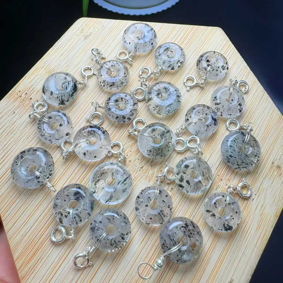 1 قطعة Fengbaowu الطبيعية Biotite الأسود الميكا دونات قلادة 925 فضة الريكي أحجار استشفاء مجوهرات هدية للرجال النساء