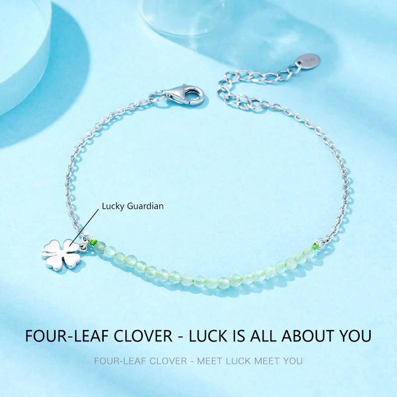 AMGROCK 100% Silver Four-leaf Clover Bracelet With Green Crystal Beads, Small, Fresh and Vibrant Girlfriend Gift