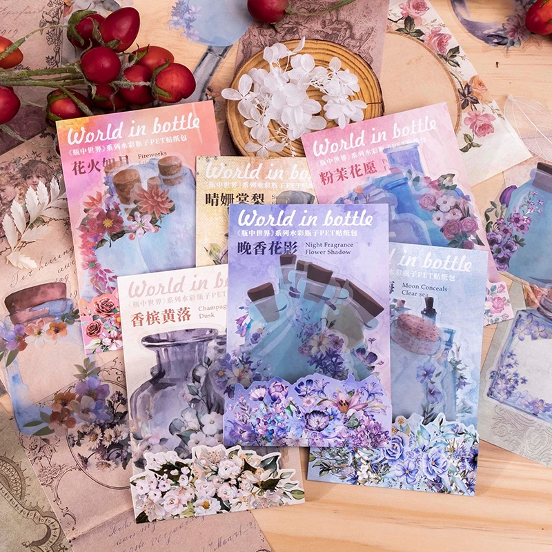 20 قطعة من ملصقات الحيوانات الأليفة، زجاجة زجاجية، كتيب فراشة النبات، عناصر شفافة، ملصق قرطاسية حرفي مزخرف، 6 نماذج