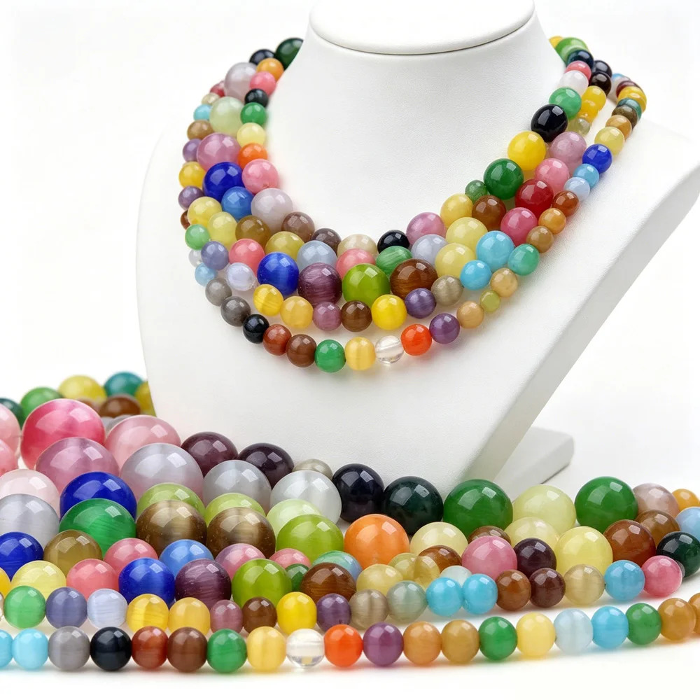 Natural Stone Multicolor Cat Eye Stone Beads 4 6 8 mm Opal Round Beads For DIY Jewelry Making Bracelet Accessories