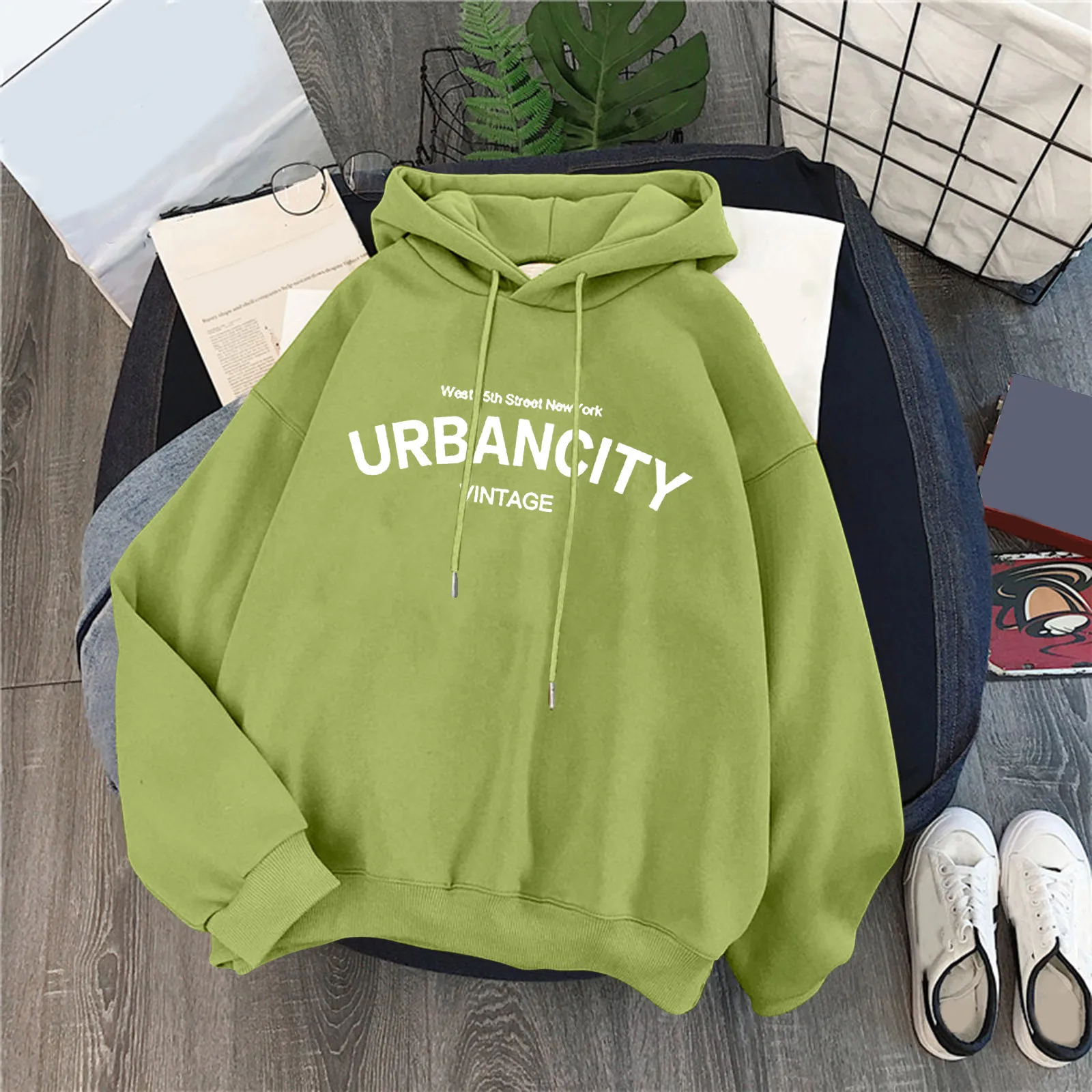 Sudaderas con capucha de gran tamaño para mujer, jersey de manga larga con estampado de letras, blusas de cuello redondo Harajuku, verde, Y2k, Otoño