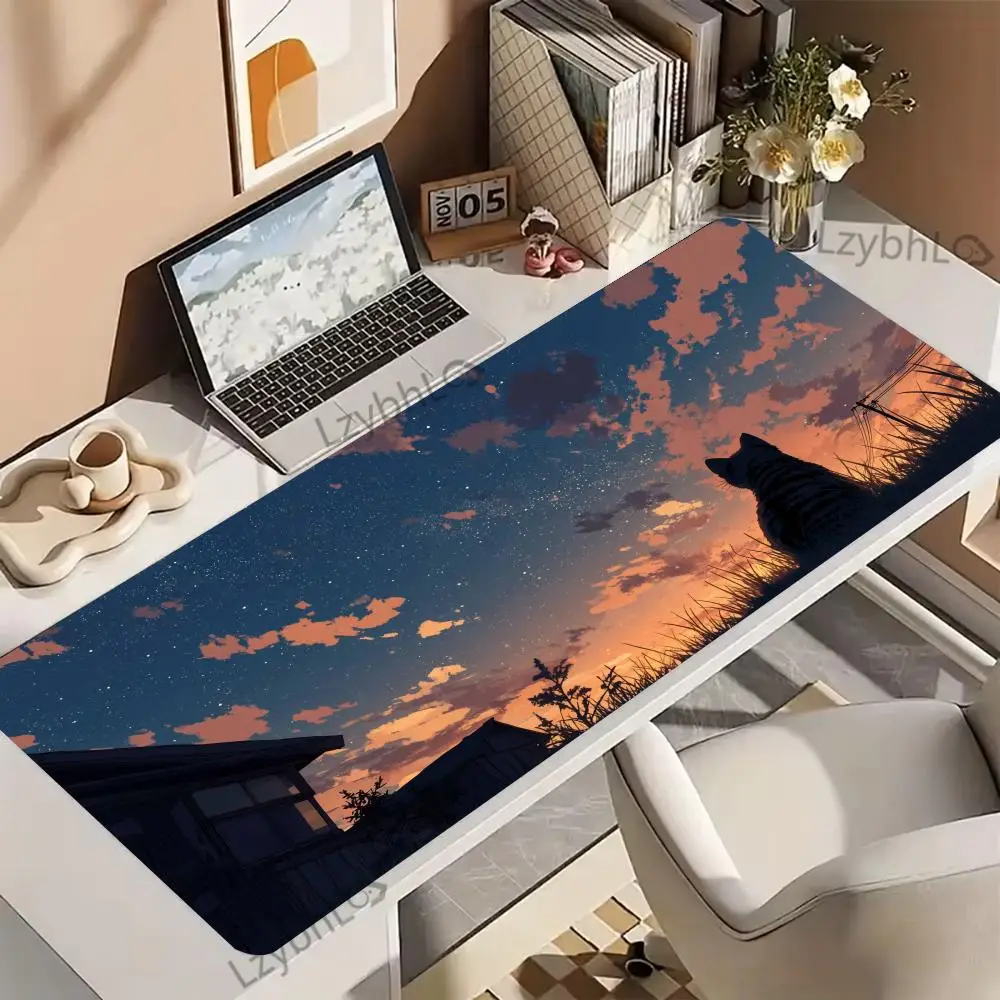 Sunset View Cute Cat Mouse Pad Large Computer Office Table Mats XXL Game Rubber Desk Mat Non-slip Office Gaming Deskmat Carpet