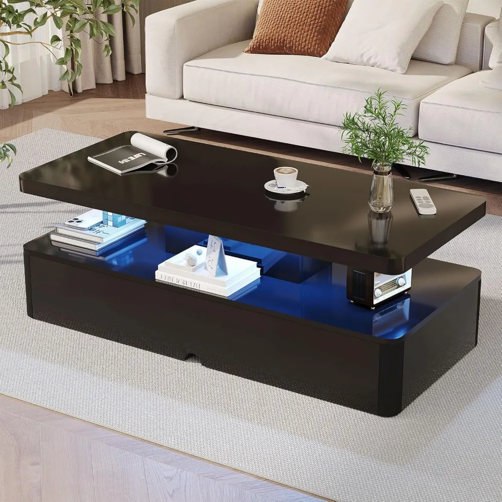 Modern Coffee Table, 47 Inches Coffee Tables with 16 Colors LED Lights, 2 Tier Rectangular Center Table, Large Storage Space, H