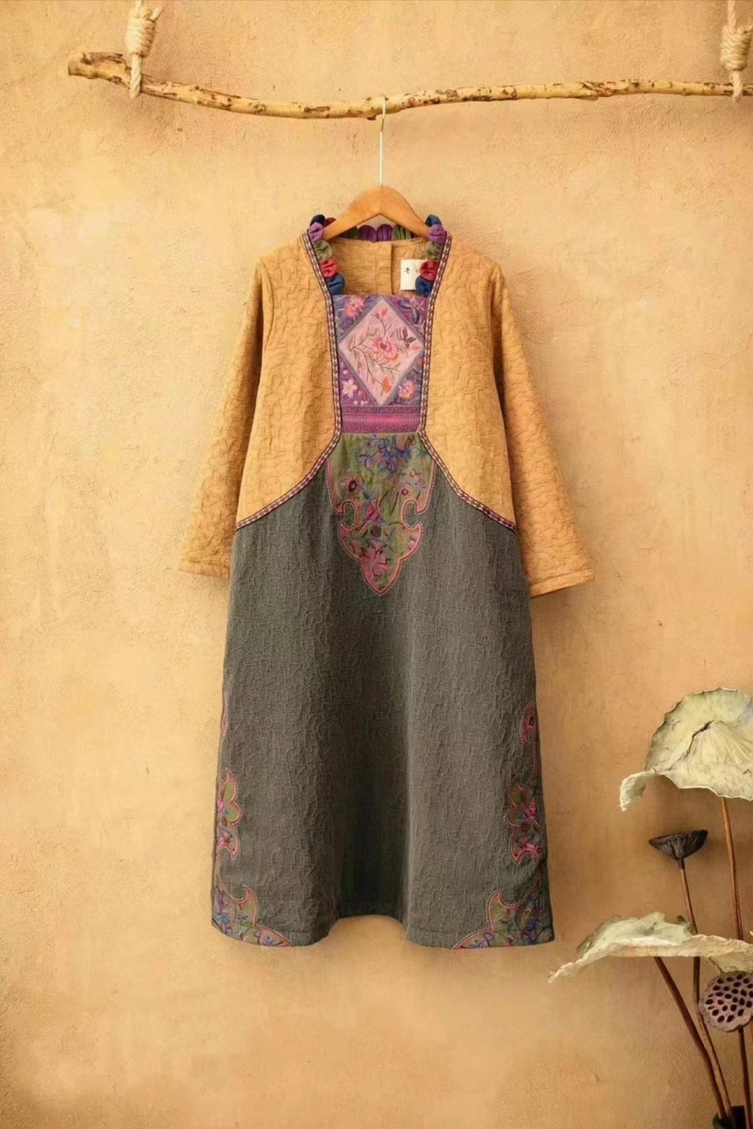 Vintage Women's coat Winter cotton linen clothes Yellow Patchwork skin texture coat dress Embroidery Woman clothing