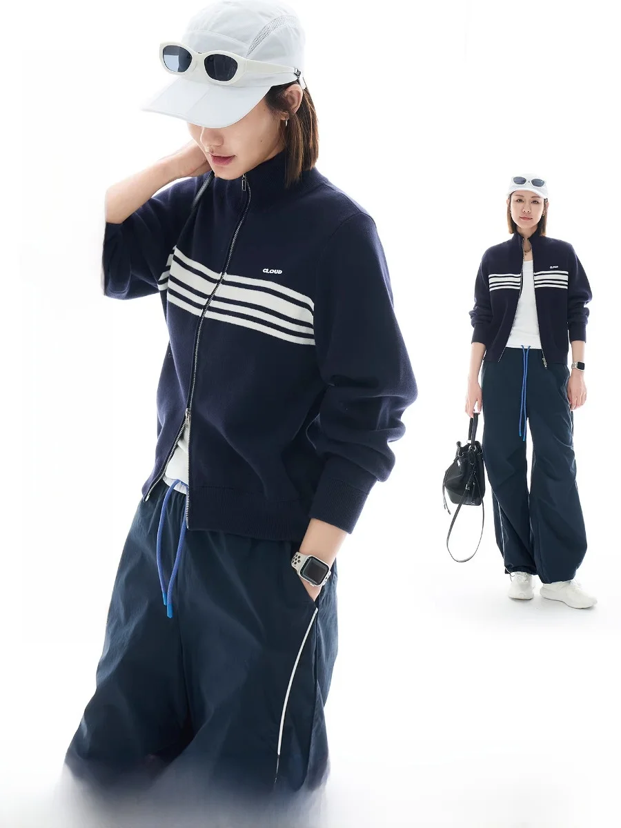 

Теплый вязаный кардиган из чистого хлопка в полоску для женщин, весна-осень, на молнии, повседневный, укороченный, для сохранения тепла