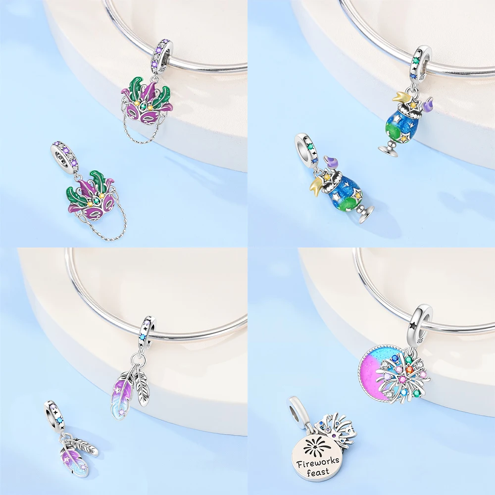 Colored Feather Pendant Pink Balloon Musical Note Original S925 Silver Bead Fit Bracelet Women Jewelry Diy Anniversary Gift
