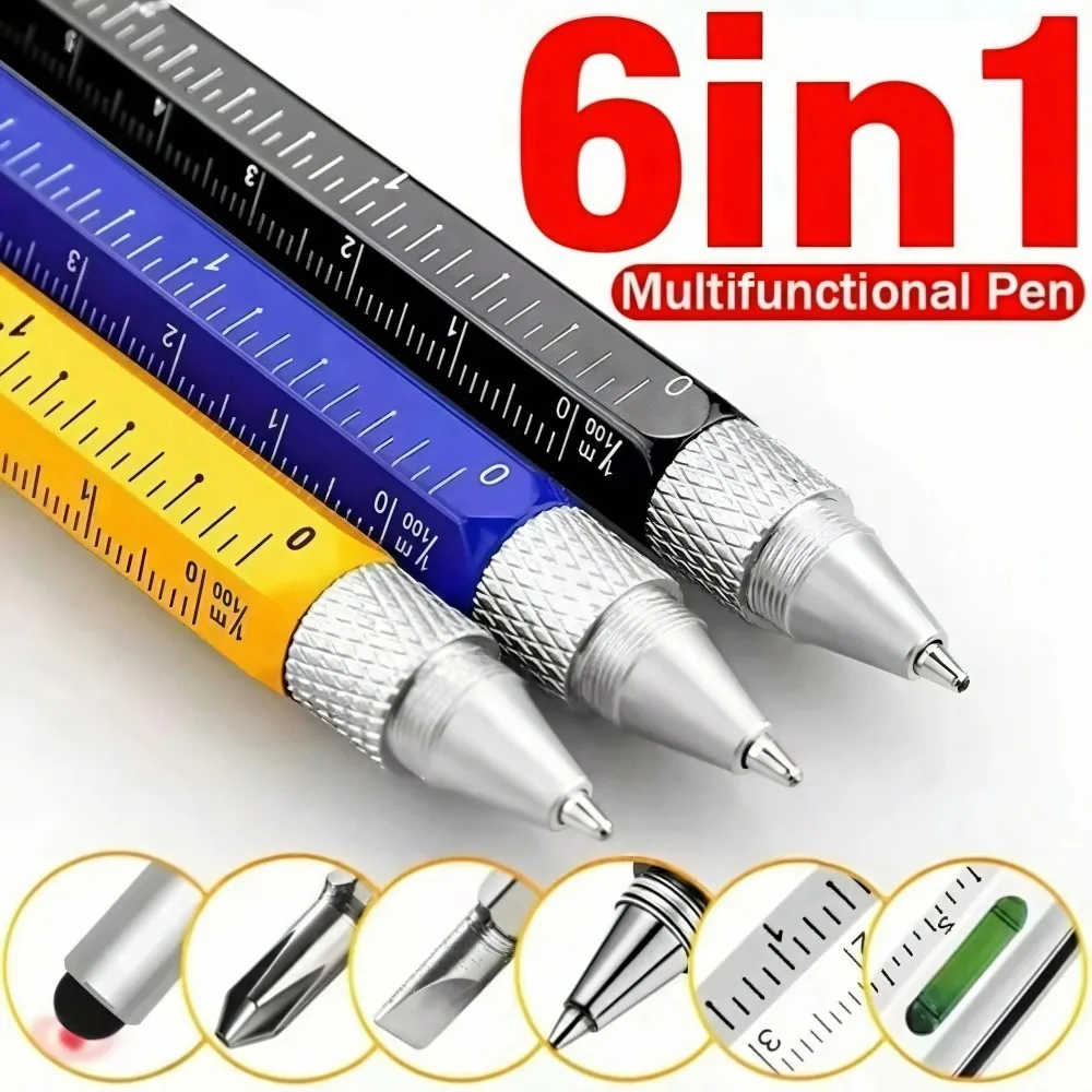 6 in 1 Multifunctional Pen Touch Screen Stylus Capacitive Pen with Screwdriver Ruler Levelgauge Refillable Ballpoint Pencil Tool