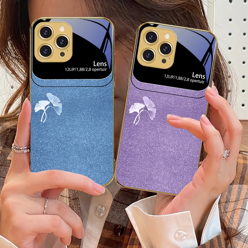 

Gradient silver ginkgo For IPhone 16 16Pro Max 15 P ro 14 13 Plus 12 Mini 11Pro Max XS Max XR Golden tempered glass phone case