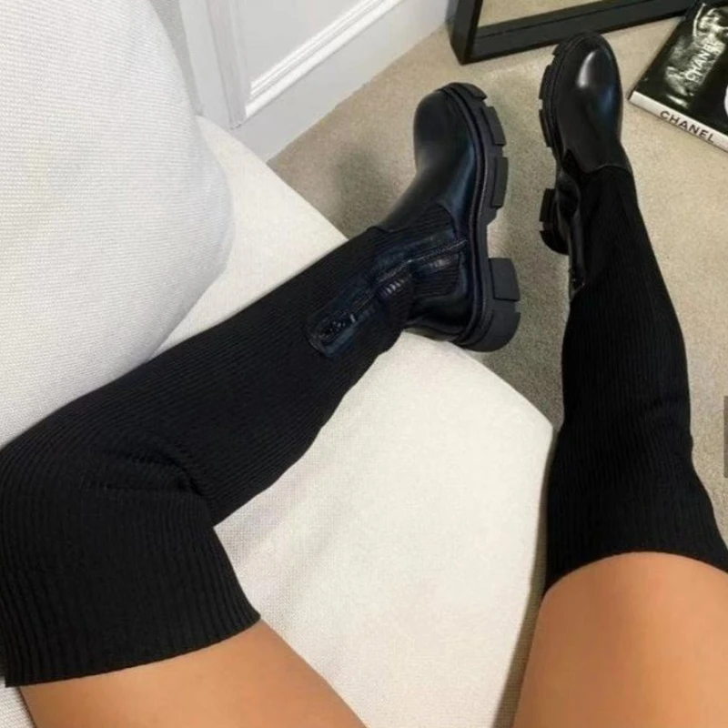 Женские сапоги выше колена, модные эластичные женские ботинки на платформе, высококачественная обувь-носки на толстом каблуке, дышащие женские высокие сапоги