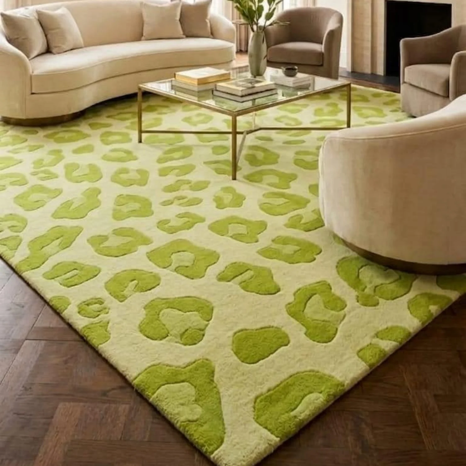 Room Decor Rug  H1andmade Tufted Wool Rug  Lime Green Leopard Print  Maximalist Style Home Dcor