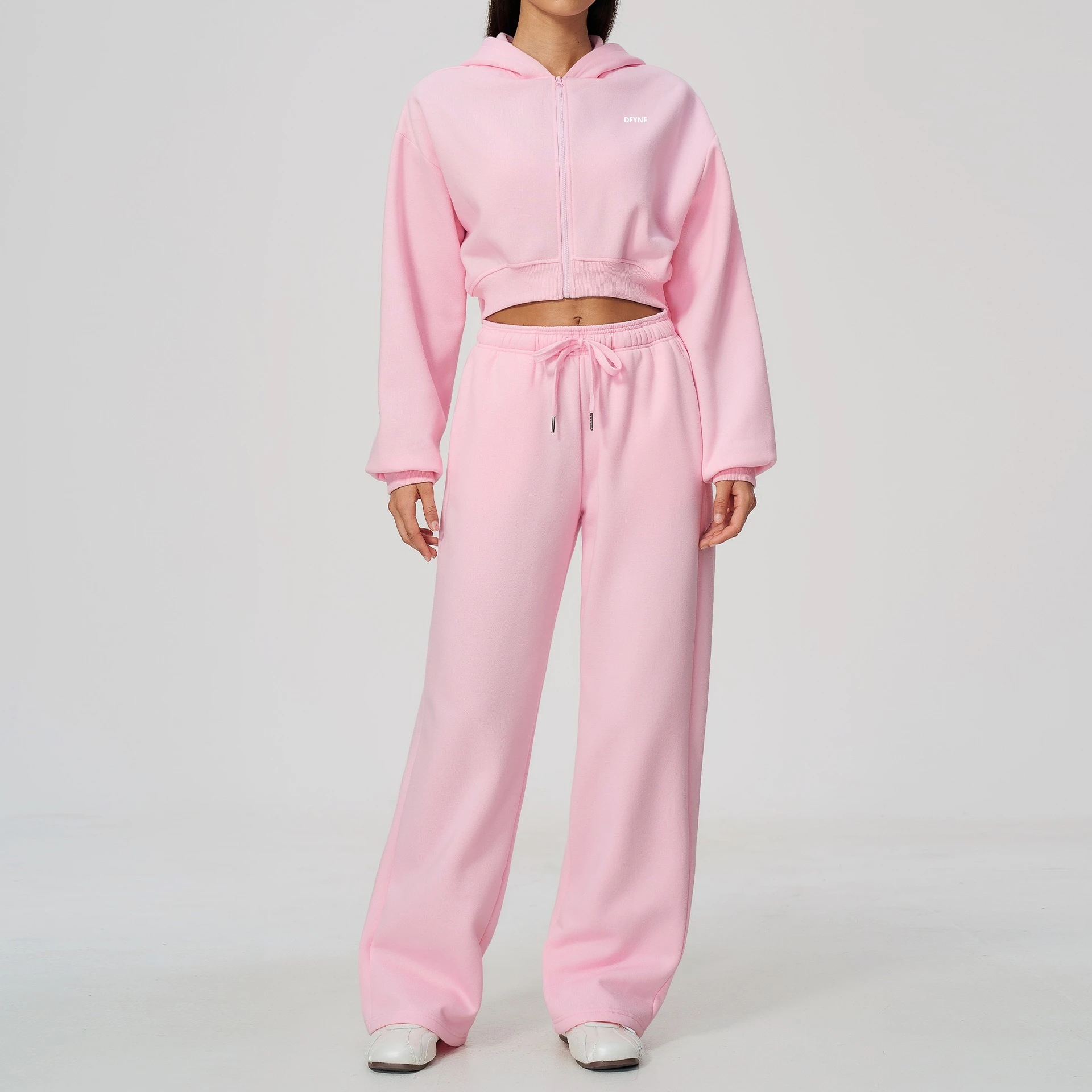 DFYNEWomen 2 Piece Hoodie Set Black Crop Zip Hoodie Wide Leg Pants Tracksuit Casual Sportswear Lounge Wear Y2K Streetwear Outfit