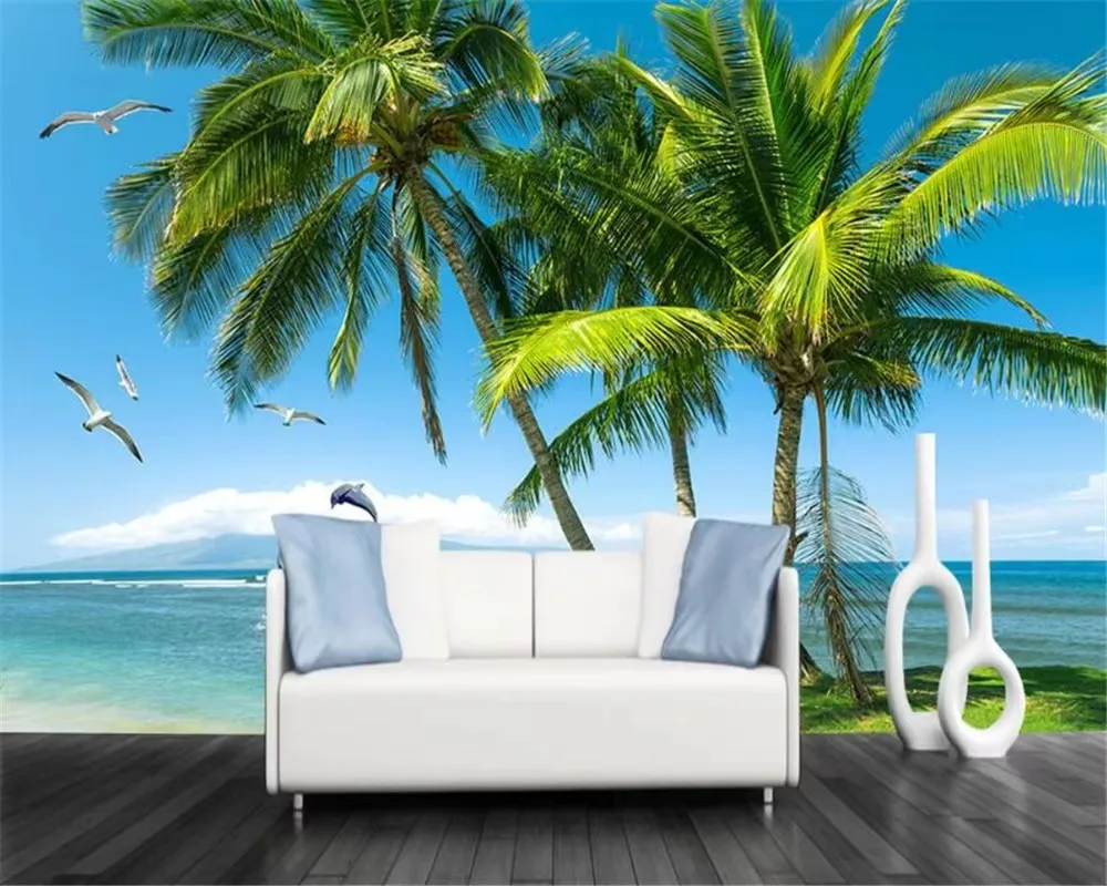 3D วอลล์เปเปอร์ห้องนั่งเล่นห้องนอนภาพจิตรกรรมฝาผนังหมายเหตุ Seaside Beach Coconut Tree พื้นหลังวอลล์เปเปอร์ 3d papel de parede