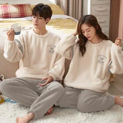 Flannelette thickened Lovers pajamas suits for men and women loose large warm coral velvet Cartoon embroidery home clothing sets