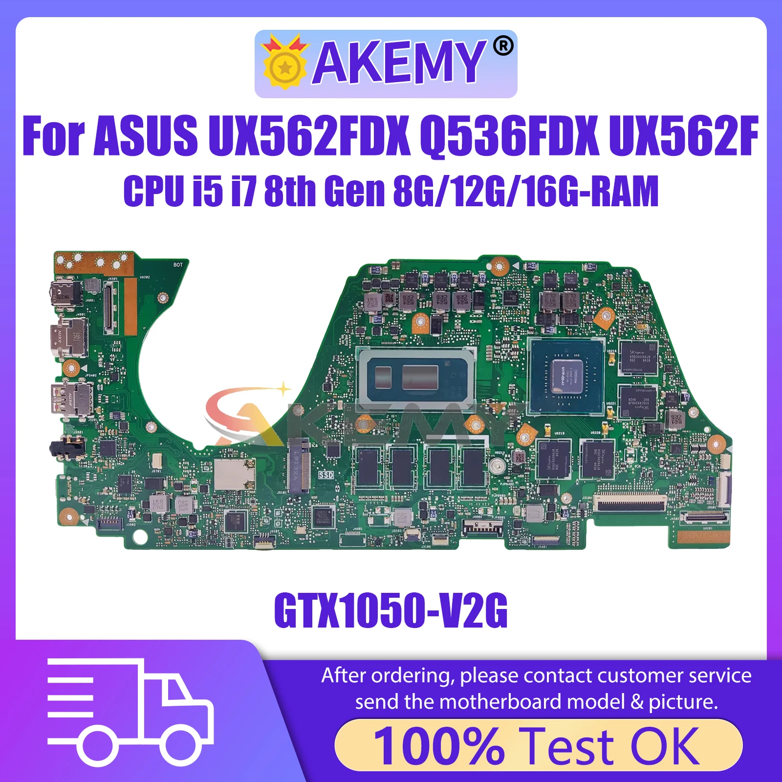 

AKEMY UX562FDX Laptop Motherboard For ASUS Zenbook Q536FDX UX562F UX562FD Mainboard i5-8265U i7-8565U 8G/12G/16G RAM GTX1050 V2G