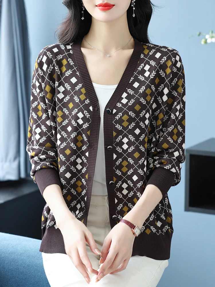 Cardigan imprimé à manches longues pour femmes, pull à simple boutonnage, tricots, vêtements pour femmes, printemps, automne