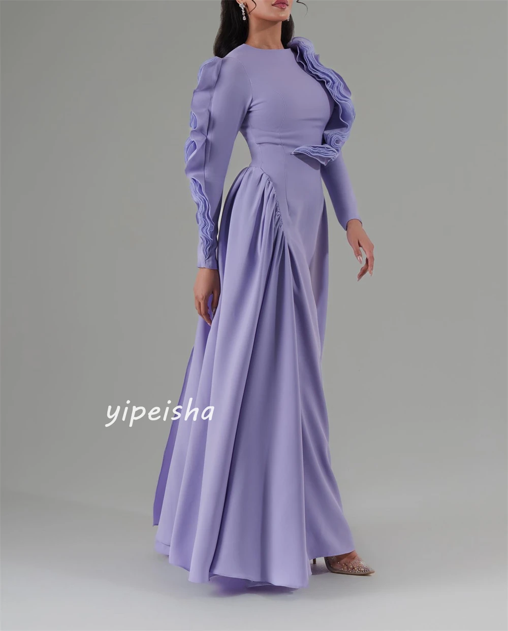 Jersey Ruched Formal Evening A-line O-Neck Bespoke Occasion Gown Midi Dresses