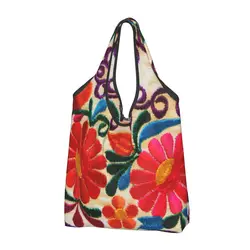 Mexican Flowers Art Grocery Shopping Bag Custom Shopper Tote Shoulder Bag Large Capacity Portable Textile Floral Folk Handbag