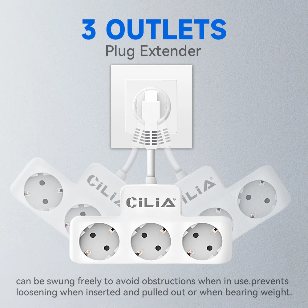 Euro Wall Plug with 3 AC Charging Ports, available in black/white , featuring a 10cm extension cord,220~250V,Type-F,2000W,16A